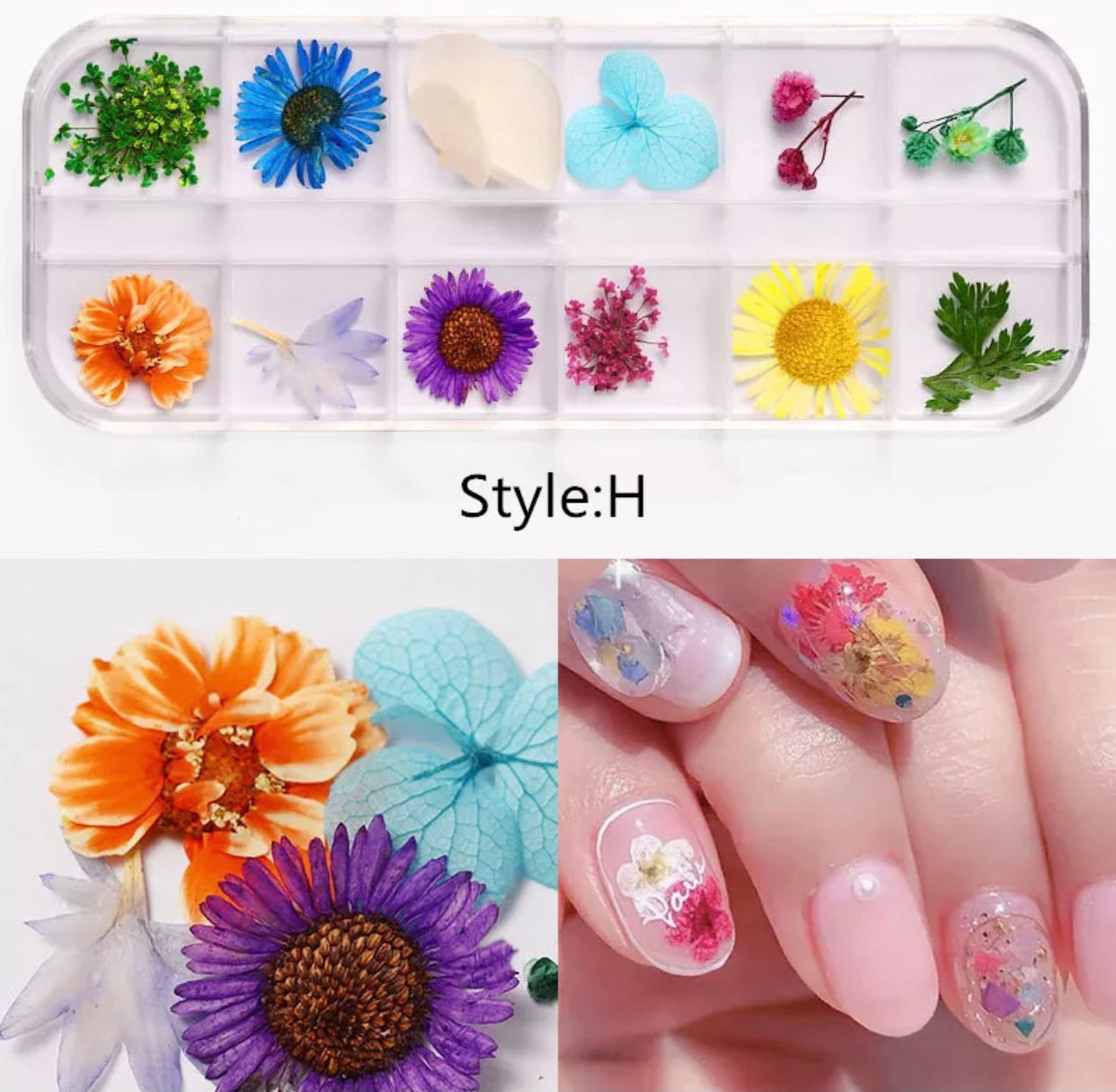 Mix dried flowers nail art